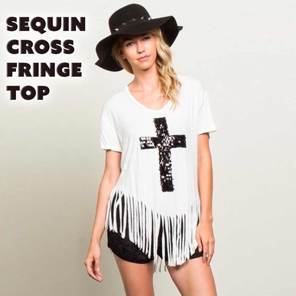 POL Sequin Cross Fringe Black and White Top - Picture 1 of 6